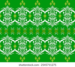 Seamless damask pattern. Gold and white on green texture. Design for textile print, wallpaper, wrapping paper.

