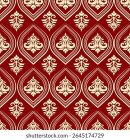 seamless damask pattern with golden abstract floral, red background, vector illustration elegant for textile, wall paper, curtains, cushion cover, rug, upholstery fabric, vintage and luxury design
