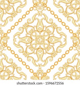 Seamless damask pattern. Golden beige on white texture with chains. Vector illustration.