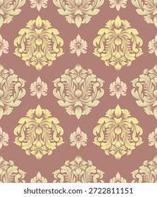 padrão de damasco sem costura com flores douradas, fundo vermelho, design vintage, ilustração vetorial elegante para têxtil, papel de parede, cama, tapete, cortina, capa de almofada, tecido de estofo, moda, envoltório, tapete, decoração, estilo barroco, luxo 