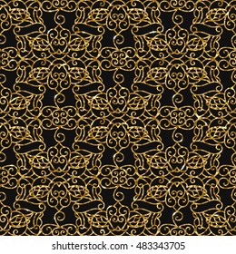 Seamless damask pattern with golden glitter. Black background with gold. Bright sparkles vector illustration. Shiny design. Gold damask pattern.