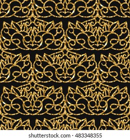 Seamless damask pattern with golden glitter. Black background with gold. Bright sparkles vector illustration. Shiny design. Gold damask pattern.