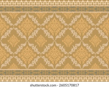 Seamless Damask pattern, golden orange, luxurious with curved patterns, beautiful in design, used in textiles, clothing, curtains, home decoration: wallpaper, carpets.