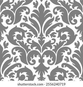 Seamless damask pattern in grayscale with stylized floral motifs and decorative symmetry.