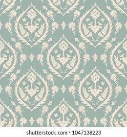 Seamless damask pattern in green and beige. Seamless victorian wallpaper. Vintage ornament for wallpaper, printing on the packaging paper, textiles