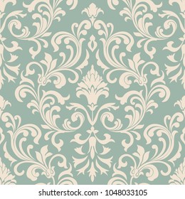  Seamless damask pattern in green and beige. Seamless victorian wallpaper. Vintage ornament for wallpaper, printing on the packaging paper, textiles