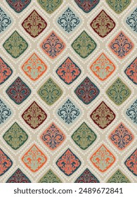 A seamless damask pattern with green , blue, orange, red color. Perfect for textiles, wallpapers, wrapping paper, and digital backgrounds, adding elegance and sophistication. on gray background 
