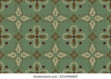 Seamless Damask Pattern in Green and Brown Color Scheme with Ornate Floral Elements and Classic Vintage Design, Ideal for Wallpaper, Textiles, and Interior Design Projects.