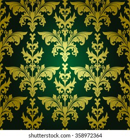 Seamless damask pattern green and gold flowers