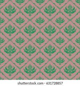 Seamless damask pattern, green and neutral classic wallpaper. Ornamental border. Vector seamless pattern.