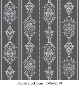 Seamless damask pattern. Grey texture in vintage rich royal style. Vector illustration. Can use as background for birthday card, wedding invitations, textile print, wallpaper, wrapping paper