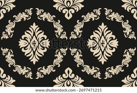 Seamless Damask pattern with Ikat floral design. Vector oriental embroidery inspired by Aztec and Baroque styles. Perfect for fabric, clothing, fashion, decoration, and tile textures.
