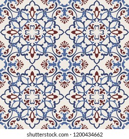 Seamless Damask pattern. Majolica pottery tile, blue, brown and gray azulejo, original traditional Portuguese and Spain decor. Seamless pattern with Victorian motives. Vector illustration.