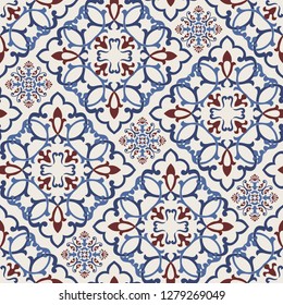 Seamless Damask pattern. Majolica pottery tile, blue, brown and gray azulejo, original traditional Portuguese and Spain decor. Seamless pattern with Victorian motives. Vector illustration