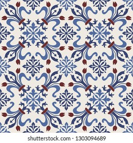 Seamless Damask pattern. Majolica pottery tile, blue, brown and gray azulejo, original traditional Portuguese and Spain decor. Seamless tile with Islam, Arabic, Indian, Ottoman motifs