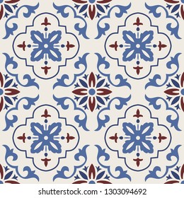 Seamless Damask pattern. Majolica pottery tile, blue, brown and gray azulejo, original traditional Portuguese and Spain decor. Seamless tile with Islam, Arabic, Indian, Ottoman motifs