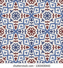 Seamless Damask pattern. Majolica pottery tile, blue, brown and gray azulejo, original traditional Portuguese and Spain decor. Seamless tile with Islam, Arabic, Indian, Ottoman motifs.