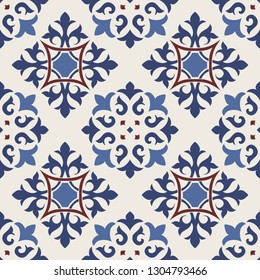Seamless Damask pattern. Majolica pottery tile, blue, brown and gray azulejo, original traditional Portuguese and Spain decor. Seamless tile with Islam, Arabic, Indian, Ottoman motifs