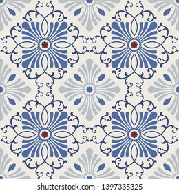 Seamless Damask pattern. Majolica pottery tile, blue, brown and gray azulejo, original traditional Portuguese and Spain decor. Seamless tile with Islam, Arabic, Indian, Ottoman motifs. Victorian style