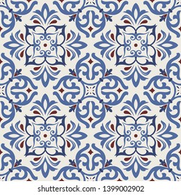 Seamless Damask pattern. Majolica pottery tile, blue, brown and gray azulejo, original traditional Portuguese and Spain decor. Seamless tile with Islam, Arabic, Indian, Ottoman motifs. Victorian style