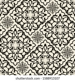 Seamless Damask pattern. Majolica pottery tile, black and beige azulejo, original traditional Portuguese and Spain decor. Seamless tile with Islam, Arabic, Indian, Ottoman motifs. Vector illustration
