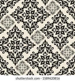 Seamless Damask pattern. Majolica pottery tile, black and beige azulejo, original traditional Portuguese and Spain decor. Seamless tile with Islam, Arabic, Indian, Ottoman motifs. Vector illustration