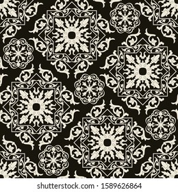 Seamless Damask pattern. Majolica pottery tile, black and beige azulejo, original traditional Portuguese and Spain decor. Seamless tile with Islam, Arabic, Indian, Ottoman motifs. Vector illustration