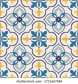 Seamless Damask pattern. Majolica pottery tile, blue, yellow, gray azulejo, original traditional Portuguese and Spain decor. Seamless tile with Islam, Arabic, Indian, Ottoman motifs. Victorian style