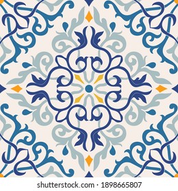 Seamless Damask pattern. Majolica pottery tile, colorful azulejo, original traditional Portuguese and Spain decor. Seamless pattern with Victorian motives. Vector illustration.