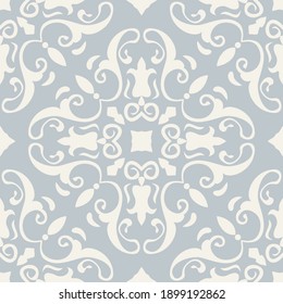 Nahtlose Damast-Muster. Die Fliesen aus Majolika, blau, weiß, azulejo, die traditionelle portugiesische und spanische Dekoration. Nahtloses Muster mit viktorianischen Motiven. Vektorgrafik.