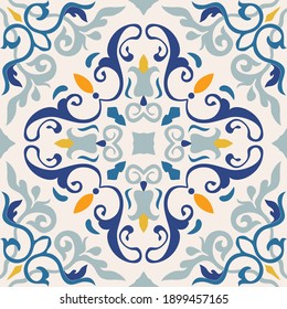 Seamless Damask pattern. Majolica pottery tile, colorful azulejo, original traditional Portuguese and Spain decor. Seamless pattern with Victorian motives. Vector illustration.