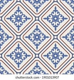Seamless Damask pattern. Majolica pottery tile, colorful azulejo, original traditional Portuguese and Spain decor. Seamless pattern with Victorian motives. Vector illustration.