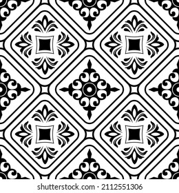 Patrón de Damasco sin foco. Baldosas de cerámica mallica, azulejos, decoración original tradicional portuguesa y española en blanco y negro. Patrón sin foco con motivos victorianos. Ilustración vectorial.