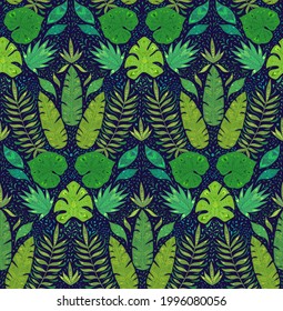 Seamless damask pattern with monstera, banana and liana leaves on dark blue background. Tropical wallpaper. Texture with jungle foliage. Vector fabric with rainforest