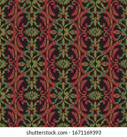 Seamless Damask pattern . Old red-green ornament on a black background . Wallpaper in the interior, fabric, tile, carpet in vector
