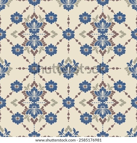 Seamless damask pattern on beige background. classic ornament in baroque style. Blue ornament design for wallpaper