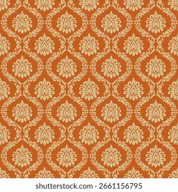 Seamless damask pattern on orange background. Vintage repeat wallpaper.