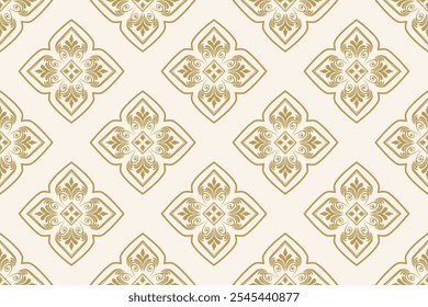 Seamless damask pattern with ornamental floral and vintage elements in beige tones. Elegant geometric design ideal for wallpaper, textiles, and classic interior decor projects.