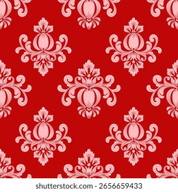 Modelo inconsútil del damasco con el fondo floral y rojo rosado, vintage y lujoso, Ilustración vectorial elegante para la materia textil Papel de pared, cortinas, cubierta del cojín, alfombra, tela de tapicería, funda