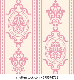Seamless damask pattern. Pink pastel texture in vintage rich royal style. Vector illustration. Can use as background for birthday card, wedding invitation, textile print, wallpaper, wrapping paper