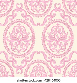 Seamless damask pattern. Pink pastel texture in vintage rich royal style. Vector illustration. Can use as background for birthday card, wedding invitation, textile print, wallpaper, wrapping paper