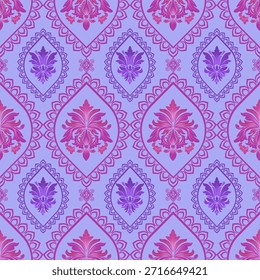 patrón de damasco sin costuras con rosa y púrpura flor abstracta y geométrica, Ilustración vectorial elegante para textiles, papel de pared, ropa de cama, cortinas, alfombra, funda de cojín, tela de tapicería, envoltura, decoración, interior, diseño vintage, estilo barroco
