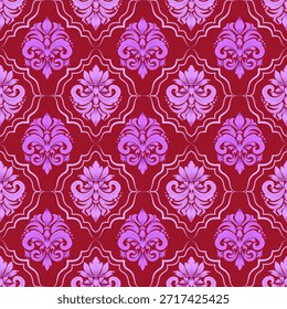  nahtloses Damast-Muster mit rosa und violetten abstrakten Blumen und geometrischen Ornament, roter Hintergrund, Vintage-Design, Vektorgrafik elegant für Textil, Tapete, Bettwäsche, Vorhänge, Teppich, Kissenbezug, Polsterstoff, Umhüllung, Mode, Dekoration, Interieur, Barock-Stil. 