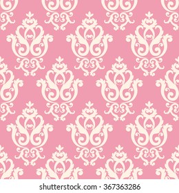Seamless damask pattern. Pink and white texture in vintage royal style. Vector illustration. Can use as background for birthday cards, wedding invitations, textile print, wallpapers, wrapping paper
