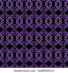 Seamless damask pattern with purple flowers, a vintage floral design for wallpaper or textile