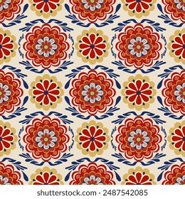 seamless damask pattern with red, darkblue and yellow melon flower.  Perfect for textiles, wallpapers, wrapping paper, and digital backgrounds, adding elegance and sophistication. on cream background 