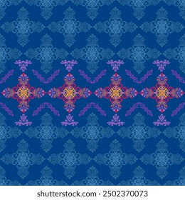 seamless damask pattern with snowflakes on blue background