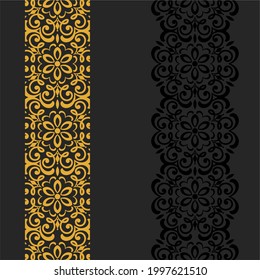 Patrón de damasco sin soldadura con rayas. Papel de pared victoriano impecable en negro y amarillo. Ornamento vintage para papel pintado, impresión en papel envasado, textiles