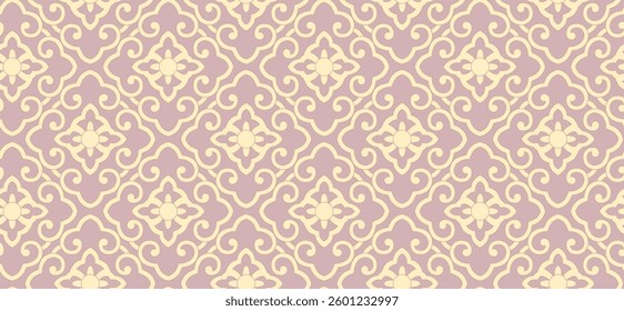 seamless damask pattern with swirling shapes and floral accents on a light purple background, for textile, wallpaper, gift wrapping.