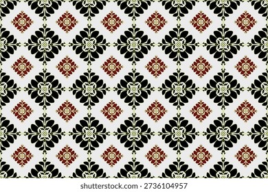 Seamless damask pattern with symmetrical floral ornaments in black and burgundy on a light background. Elegant vintage decorative repeat hookup design, ideal for wallpaper, textile, fabric, wrapping paper, and luxury interior background.